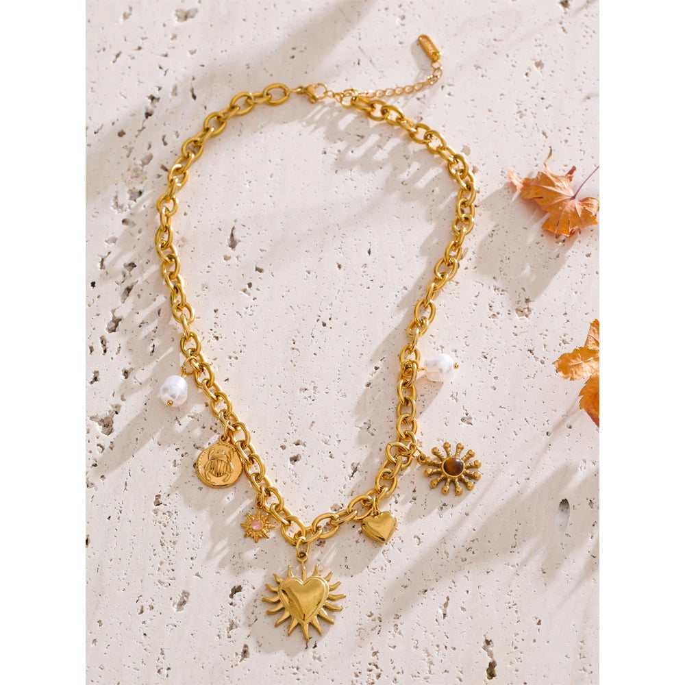 Summer Sun Heart Drop Charms Necklace Trendy Stainless Steel Handmade Collar Golden PVD Jewelry Waterproof for Women