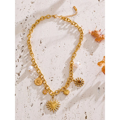 Summer Sun Heart Drop Charms Necklace Trendy Stainless Steel Handmade Collar Golden PVD Jewelry Waterproof for Women