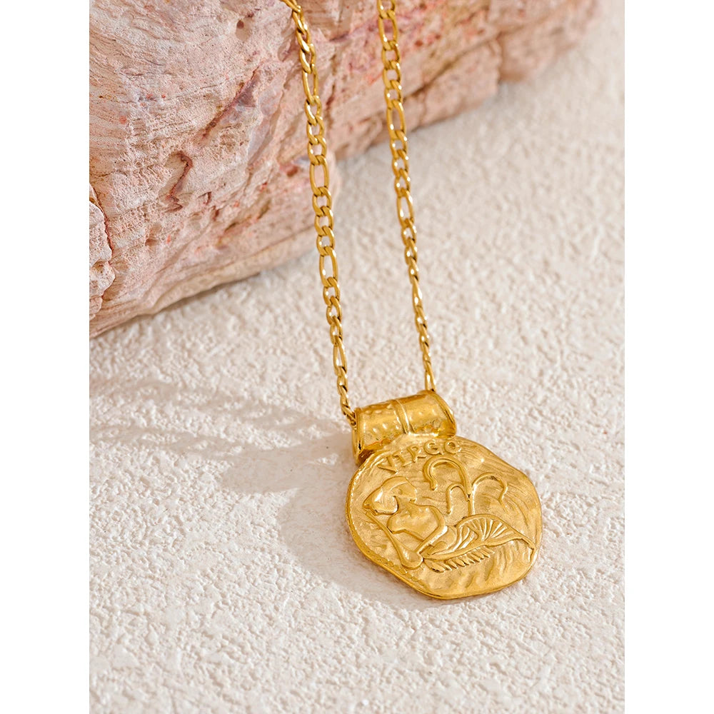 Exclusive Waterproof 12 Constellation Pendant Necklace Stainless Steel Hammered Vintage Golden 18K Plated Fashion Jewelry