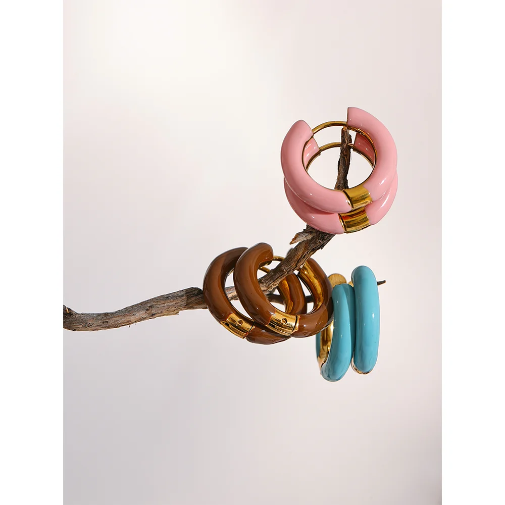 20mm Candy Color Blue Pink Brown Enamel Stainless Steel Hollow Hoop Earrings Golden Simple Trendy Y2K Sweet Jewelry Gift