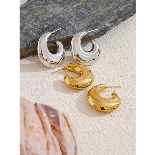 Fashion Smooth Stainless Steel Metal C-Shape Chunky Earrings for Women 18K Plated Waterproof Charm Statement Jewelry