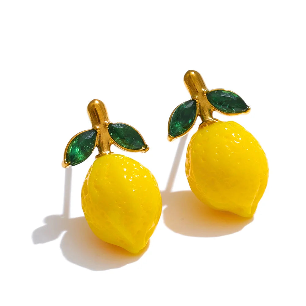 Fashion Yellow Resin Zirconia Fruit Lemon Dangle Earrings for Women Stainless Steel Arrivals Chic Jewelry Wholesale