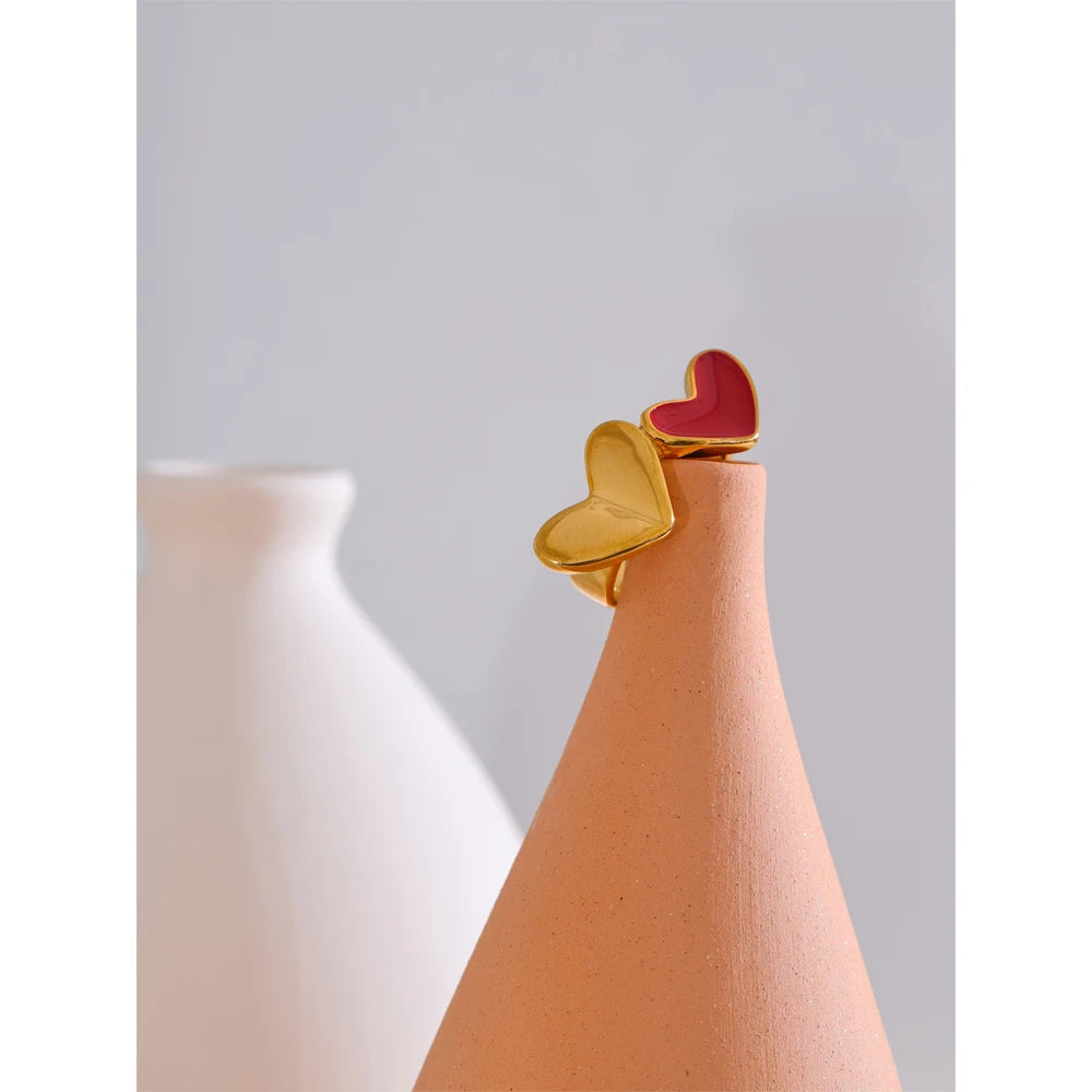 678# Stainless Steel Red Enamel Heart Stylish Ring 18K Gold Color Plated Romantic Valentine's Day Gift Smooth Jewelry