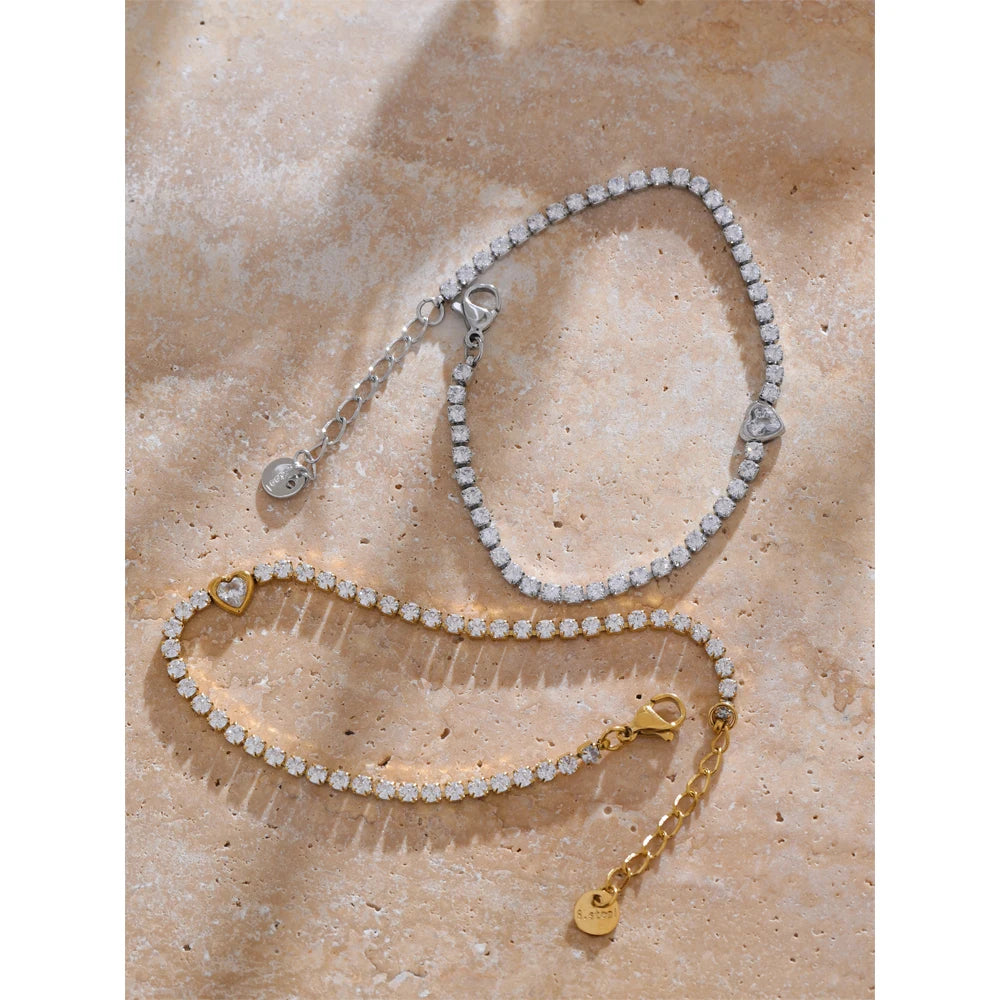Delicate Bling Cubic Zirconia Heart Chain Bracelet Bangle Exquisite Stainless Steel Shiny Waterproof Wrist Jewelry Gift
