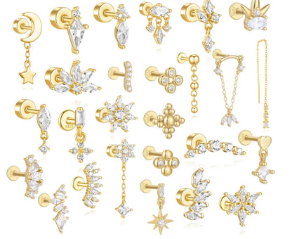 CANNER 1Pc 925 Silver Smooth Stars Moon Stud Earrings For Women 18K Gold Flat Head Threaded Puncture Ear Bone Ins Fine Jewelry