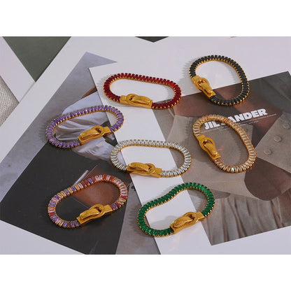 Luxury Colorful Cubic Zirconia Stainless Steel Belt Buckle Bracelet Bangle Bling Stylish Unique Waterproof Fashion Jewelry