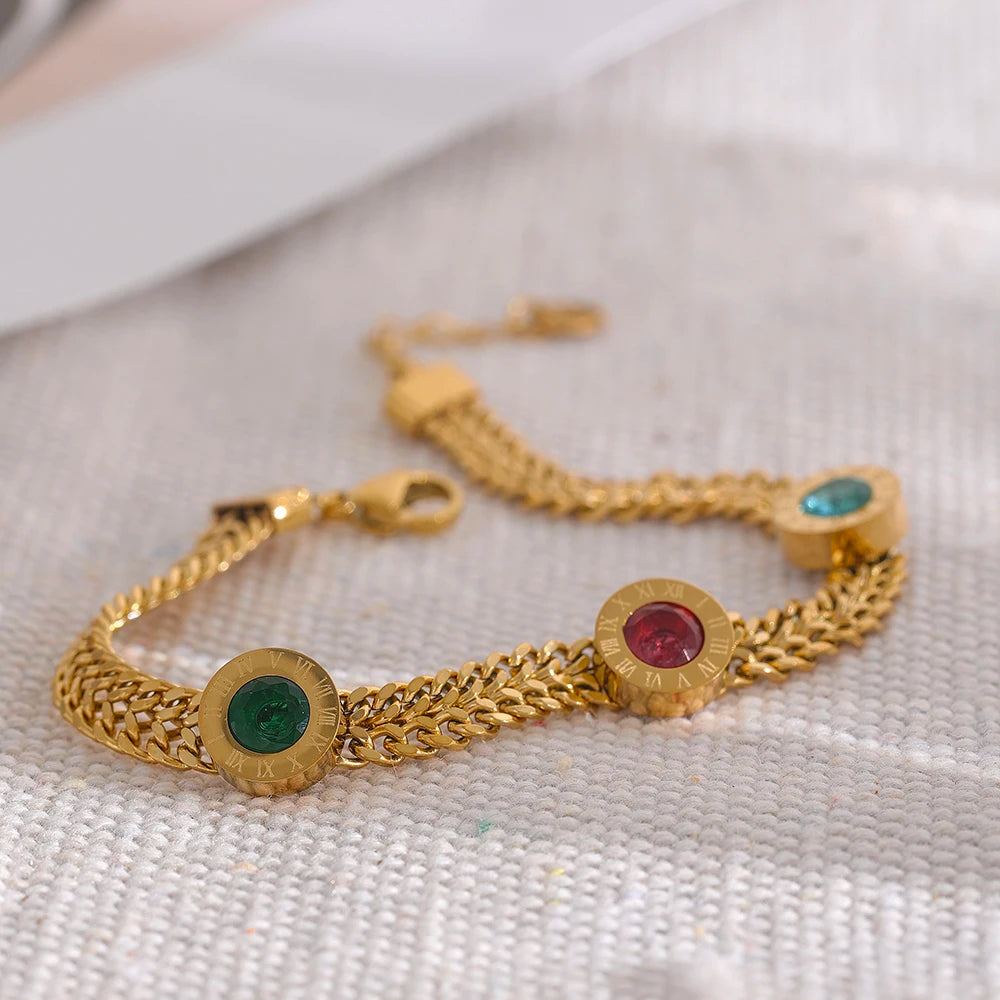 Colorful White Cubic Zircon Stainless Steel Charm Gold Color Cuban Chain CZ Bracelet Bangle Women Trendy Classic Jewelry