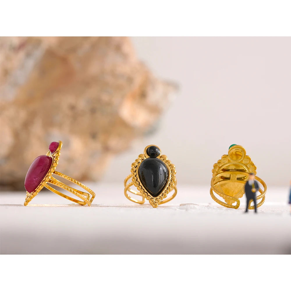 Vintage Natural Stone Artificial Agate Stainless Steel Metal Open Ring 18K Gold Plated Waterproof Fashion Jewelry Women