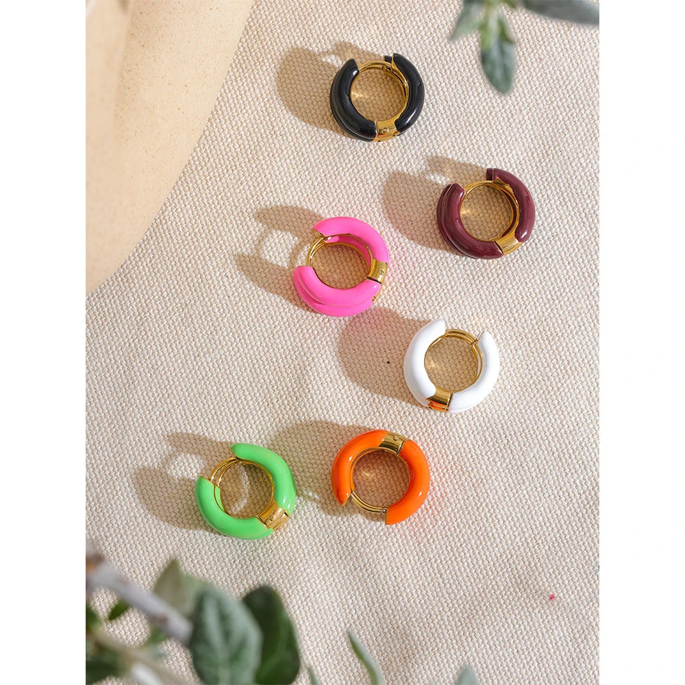 20mm Trendy Orange Green Enamel Stainless Steel Round Hoop Huggie Earrings Waterproof Charm Fashion Daily Jewelry Women