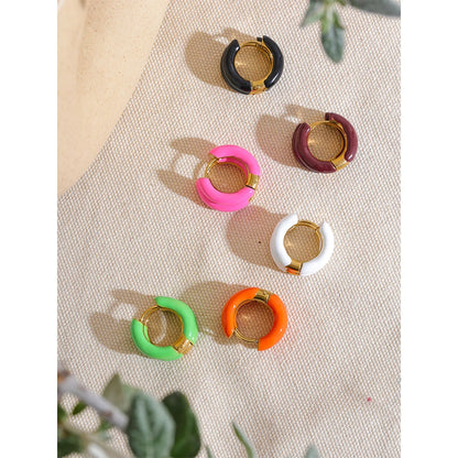 20mm Trendy Orange Green Enamel Stainless Steel Round Hoop Huggie Earrings Waterproof Charm Fashion Daily Jewelry Women
