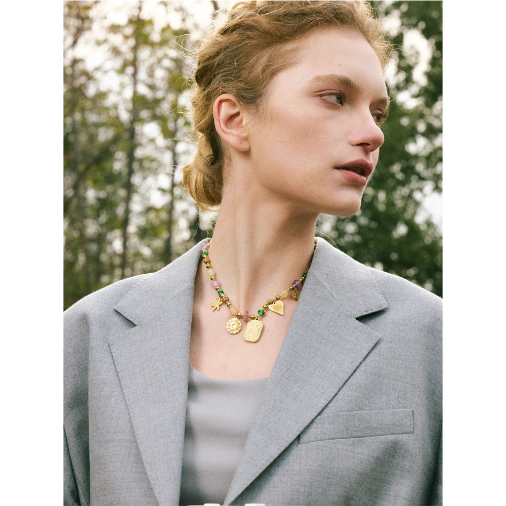 Arrivals Handmade Jewelry Colorful Natural Stone Chain Flower Eye Square Drop Necklace Stainless Steel Waterproof Necklace