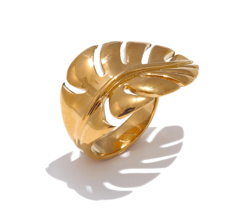 Stylish Design Stainless Steel Metal Leaf Leaves Open Ring Rust Proof Individualistic Fashion Jewelry Water Resistant Gift