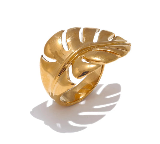 Stylish Design Stainless Steel Metal Leaf Leaves Open Ring Rust Proof Individualistic Fashion Jewelry Water Resistant Gift