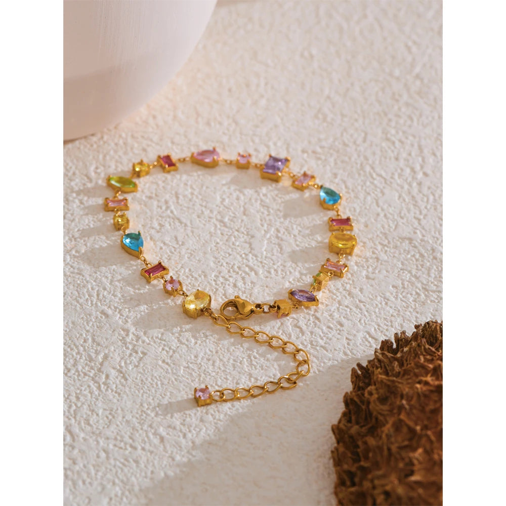 Waterproof Gift Delicate Colorful Luxury Cubic Zirconia Chain Chic Bracelet Bangle Women Stainless Steel Wrist Jewelry