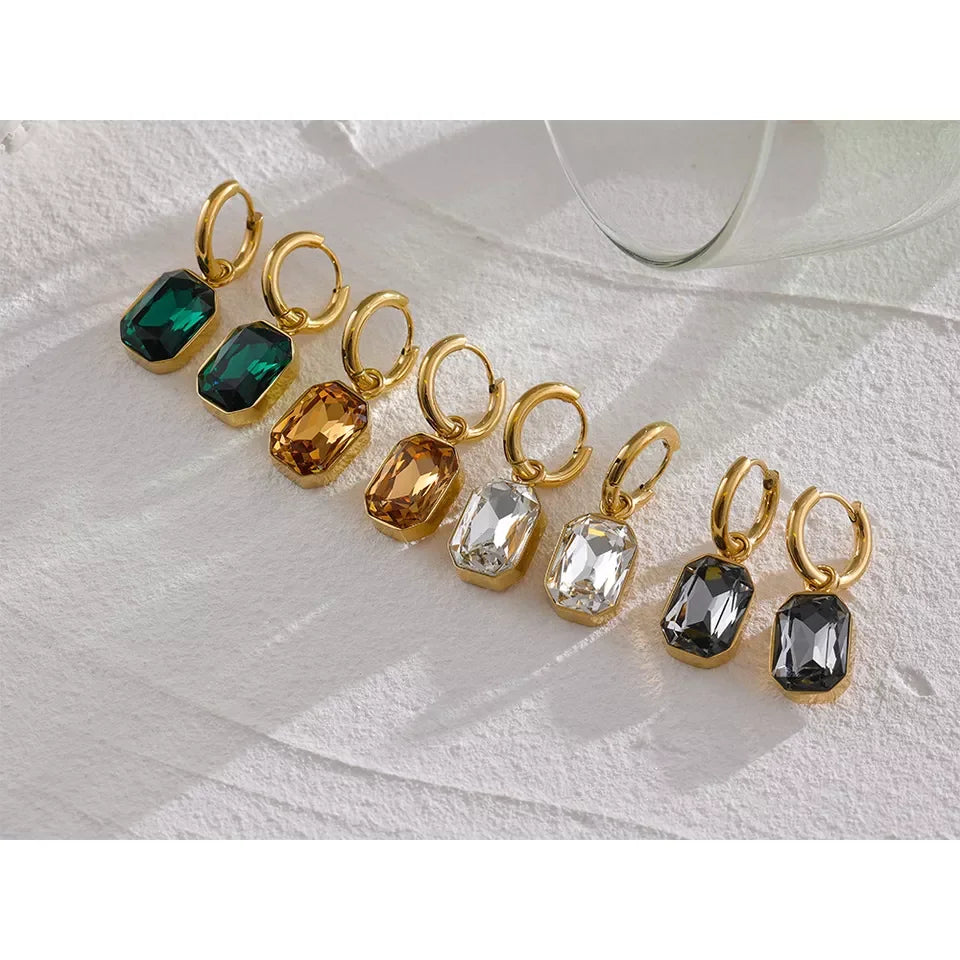 Stainless Steel Cubic Zirconia Drop Dangle Charms Trendy Earrings 18k-gold-plated Green Square Geometric Earring Jewelry