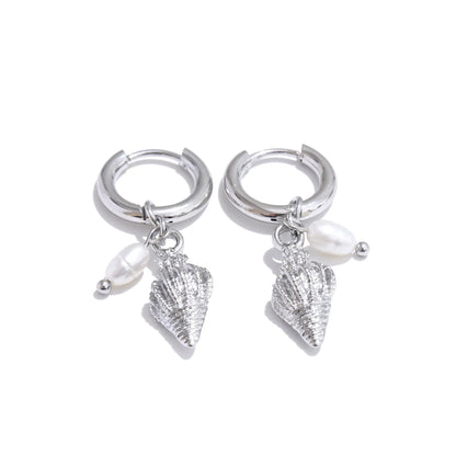 Ocean Style Natural Pearl Conch Shell Starfish Drop Summer Hoop Earrings for Women Stainless Steel Holiday Daily Jewelry