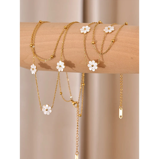 Summer Imitation Shell Flower Double Layer Chain Necklace Anklet for Women Trendy Plant Charm Jewelry Bijoux Gift