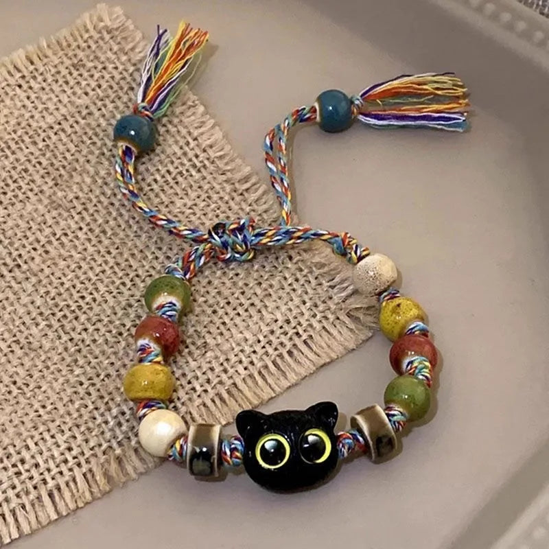 Cute Cartoon Big Eye Cat Bracelets for Women Men Ceramic White Head Skeleton Tassel Beaded Bracelet Halloween Party Jewelry Gift