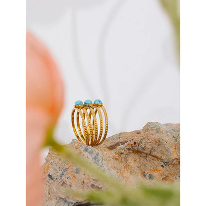 Natural Turquoise Stone Stainless Steel Ring Summer Bohemia Woman Jewelry  Trendy Cheap Open Finger Ring Accessory