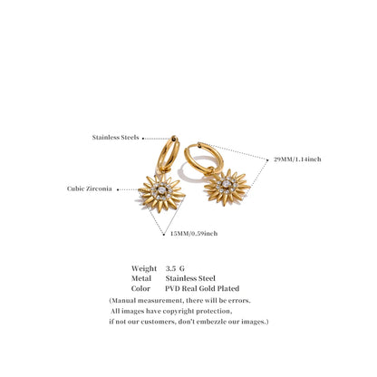 Exquisite Inlaid Zirconia Sun Drop Hoop Earrings for Women Stainless Steel Delicate Daily Jewelry Hypoallergenic