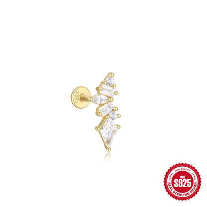 CANNER 1Pc 925 Silver Smooth Stars Moon Stud Earrings For Women 18K Gold Flat Head Threaded Puncture Ear Bone Ins Fine Jewelry
