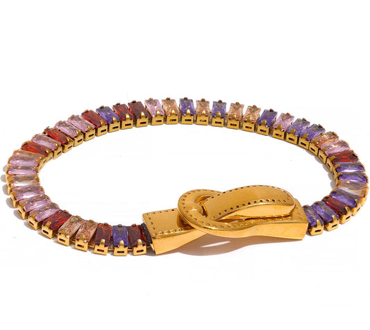 Luxury Colorful Cubic Zirconia Stainless Steel Belt Buckle Bracelet Bangle Bling Stylish Unique Waterproof Fashion Jewelry