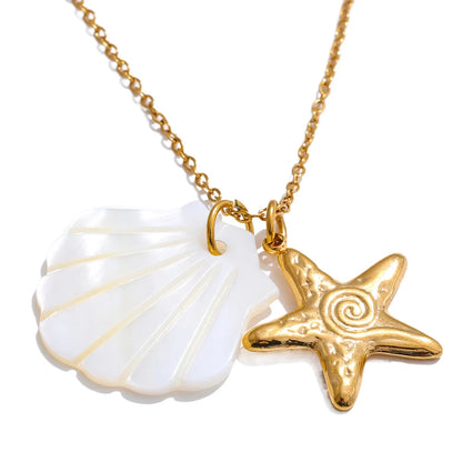Summer Ocean Style Shell Starfish Conch Pendant Necklace 18K Gold Color Plated Waterproof Charm Jewelry Gift