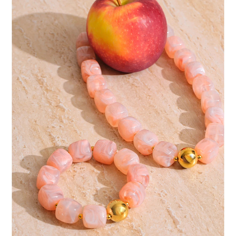 Acrylic Square Beads Chain Necklace Bracelet Bangle Stainless Steel Handmade Jewelry Waterproof Green Khaki Pink Amber