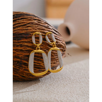 Trendy Stainless Steel White Enamel Rectangle Hollow Drop Earrings 18K Gold Color Plated Versatile Daily Jewelry Gift