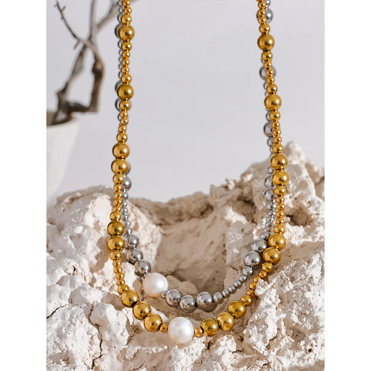 Waterproof Stainless Steel Natural Pearl Metal 18K Gold Plated Beads Necklace Women Fashion Collar Jewelry Bijoux