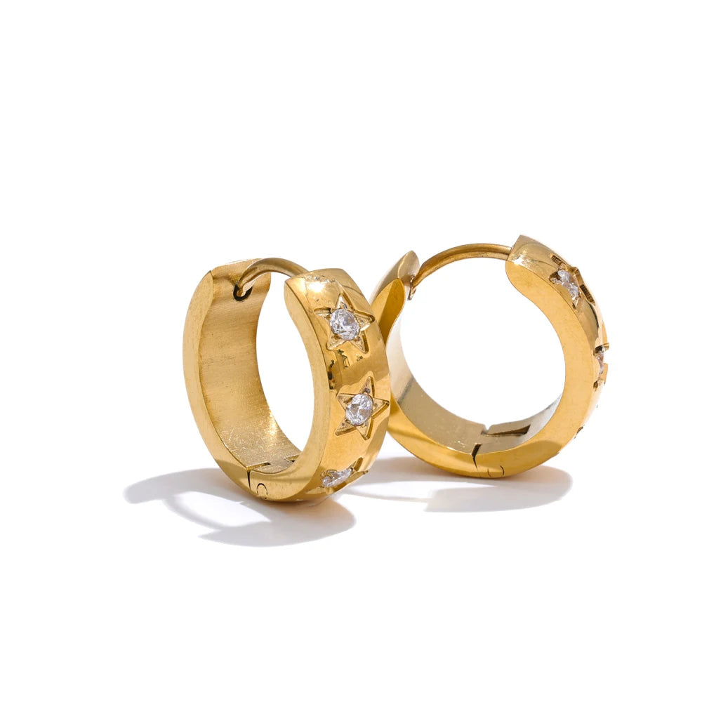 Size:16*16mm Zirconia Star Round Daily Hoop Earrings for Women Prevent Allergy Stainless Steel High Quality Chic Jewelry