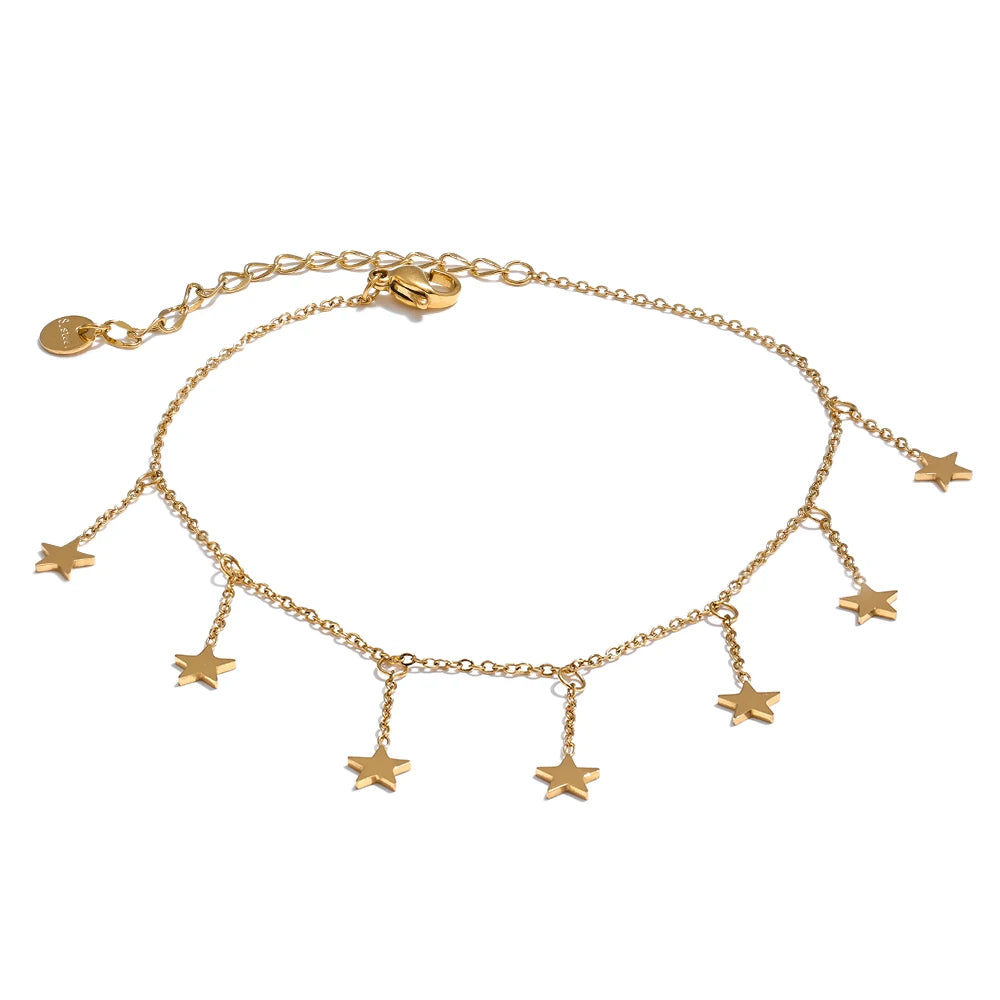 316L Stainless Steel Long Star Chain Anklet Summer Beach Foot Jewelry 18K PVD Plated Waterproof Accessories