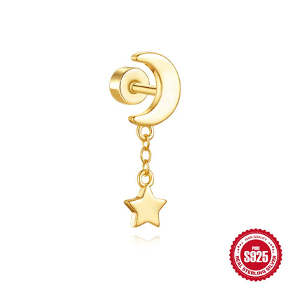 CANNER 1Pc 925 Silver Smooth Stars Moon Stud Earrings For Women 18K Gold Flat Head Threaded Puncture Ear Bone Ins Fine Jewelry
