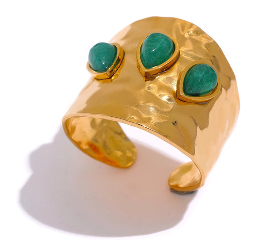 Green Natural Stone Stainless Steel 18k Gold Plated Metal Fashion Wide Ring Charm Texture Waterproof Jewelry for Women