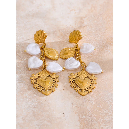 Baroque Imitation Pearls Heart Love Drop Dangle Manual Earrings Golden PVD Plated Stainless Steel Charm Statement Jewelry