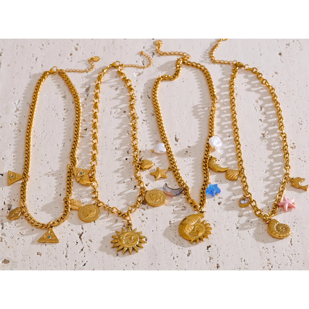 Trendy Sun Ocean Charm Pendant Handmade Jewelry Golden Waterproof PVD Plated Stainless Steel Summer Jewelry 2025 Wholesale