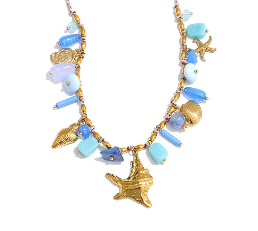 Ocean Style Handmade Jewelry Exquisite Blue Resin Metal Starfish Shell Drop Collar Necklace Stainless Steel Accessories