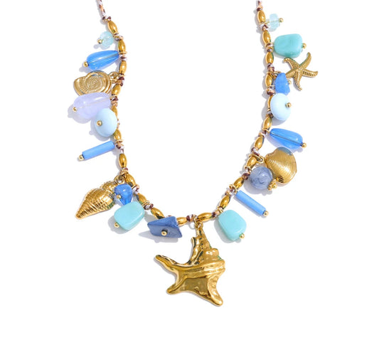 Ocean Style Handmade Jewelry Exquisite Blue Resin Metal Starfish Shell Drop Collar Necklace Stainless Steel Accessories