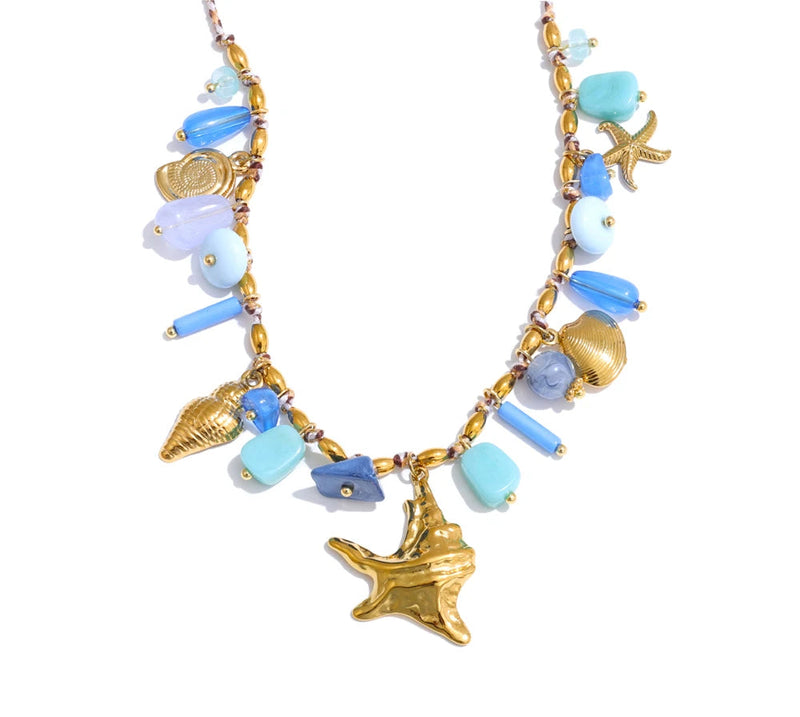 Ocean Style Handmade Jewelry Exquisite Blue Resin Metal Starfish Shell Drop Collar Necklace Stainless Steel Accessories