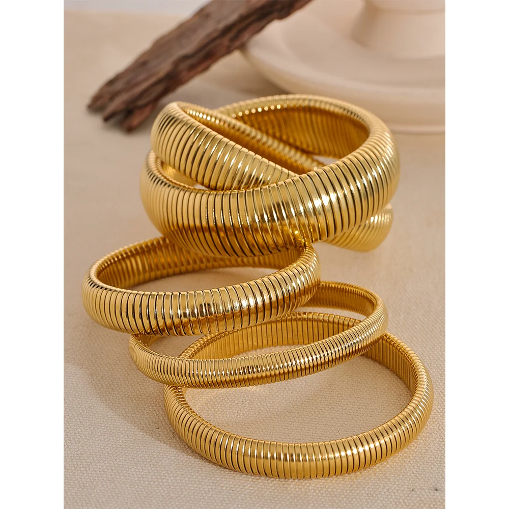 Waterproof Stainless Steel Elastic Thick Metal Bracelet Bangle 18K Gold Plated Trend Fashion Unisex Jewelry Men Women