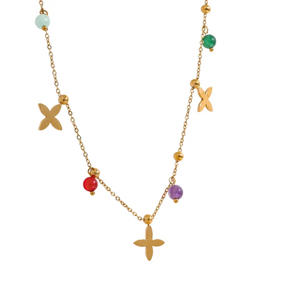 Colorful Waterproof Natural Stone Flower Drop Stainless Steel Chain Aesthetic Necklace Fashion Collar Jewelry for Women