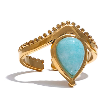 Blue White Natural Stone Shell Amazonite France Adjustable Open Ring Stainless Steel Charm Daily Fashion Jewelry Gift