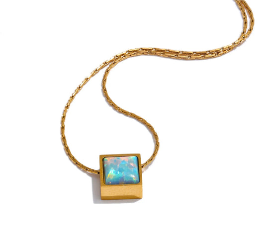 Delicate Stainless Steel Square Natural Opal Stone Pendant Necklace Chain Stylish Dainty Golden Collar Chic Jewelry Gift