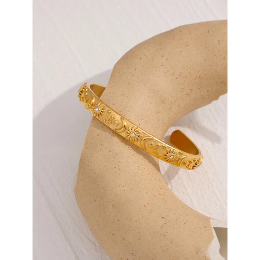 Golden Stainless Steel Moon Star Sun Bangle Bracelet  Stylish Metal Open Wrist браслеты на руку женкие Party Gift