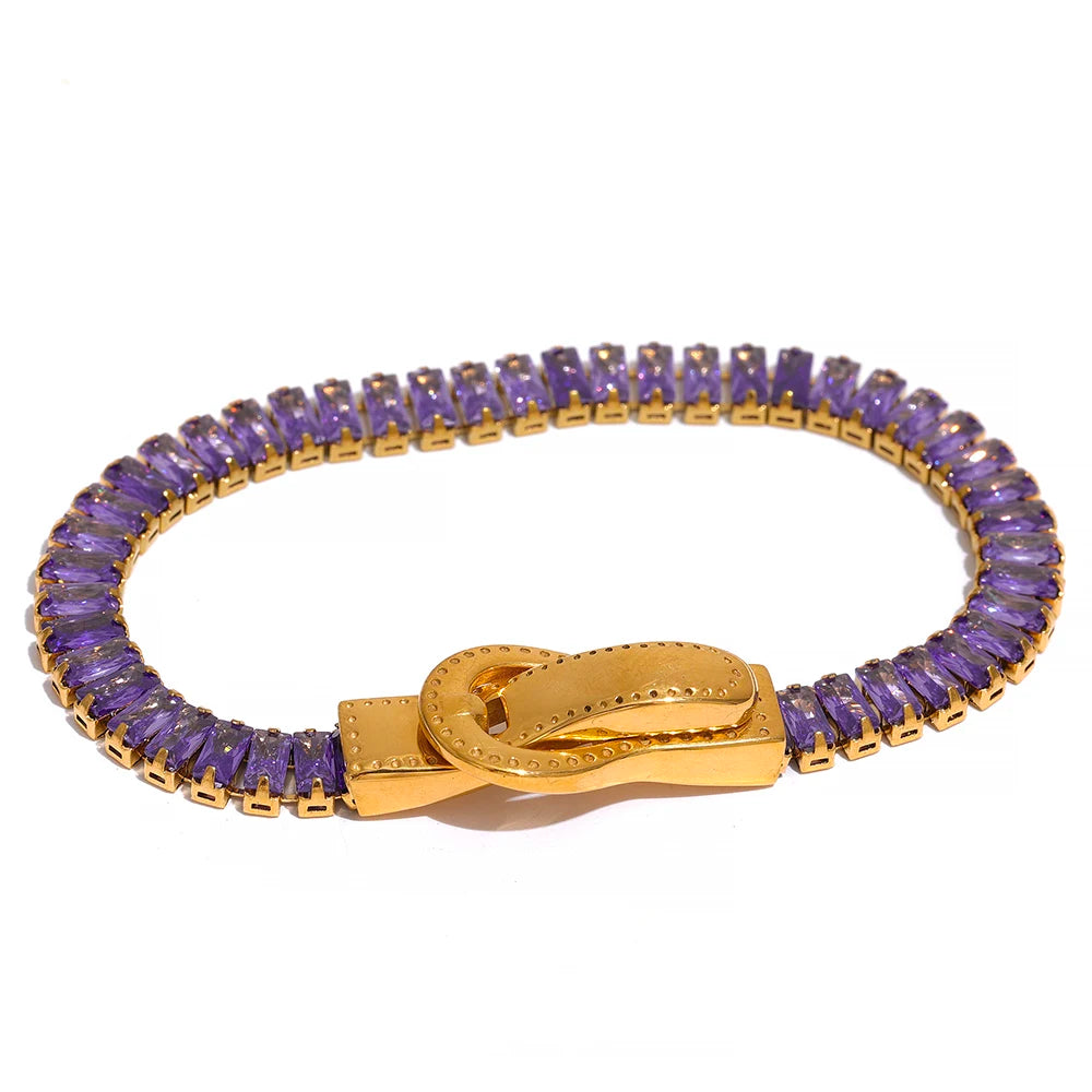 Luxury Colorful Cubic Zirconia Stainless Steel Belt Buckle Bracelet Bangle Bling Stylish Unique Waterproof Fashion Jewelry
