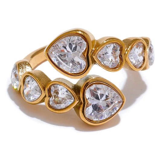 Delicate Cubic Zirconia Heart Stainless Steel Gold Color Adjustable Fashion Open Ring High Quality Chic Charm Jewelry