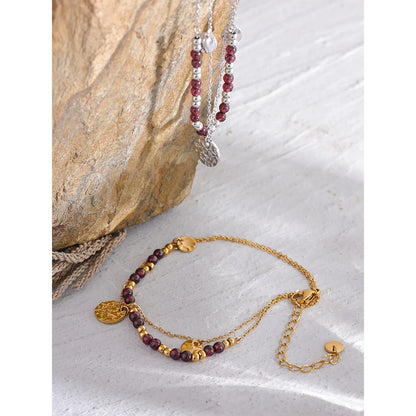 Stainless Steel Layered Summer Anklet Chic Stylish Jewelry Fashion Natural Garnet Stone Beads Handmade Chain Women