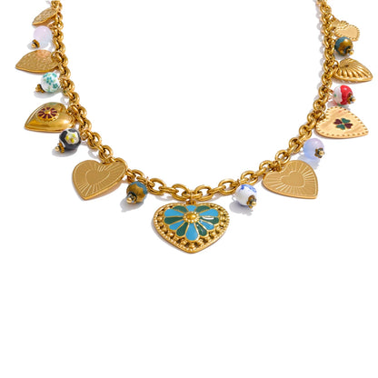 2025 Exquisite Stainless Steel Ceramic Beads Heart Love Drop Necklace High Quality Golden Charm Jewelry Recommend