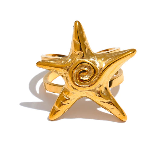 316L Stainless Steel Starfish Open Ring Adjustable 18K Gold PVD Plated Metal Summer Personalized Jewelry for Holiday