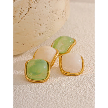 Y2K Colorful Resin Square Golden Stud Earrings Women Summer Stainless Steel 18k Plated Candy Charm Jewelry Waterproof